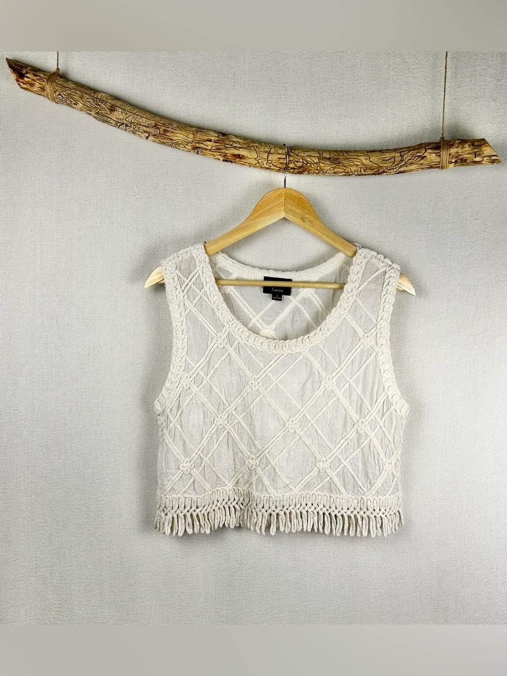 Lumiere Boho Fringe Crochet Tank Top Cream Cotton Small